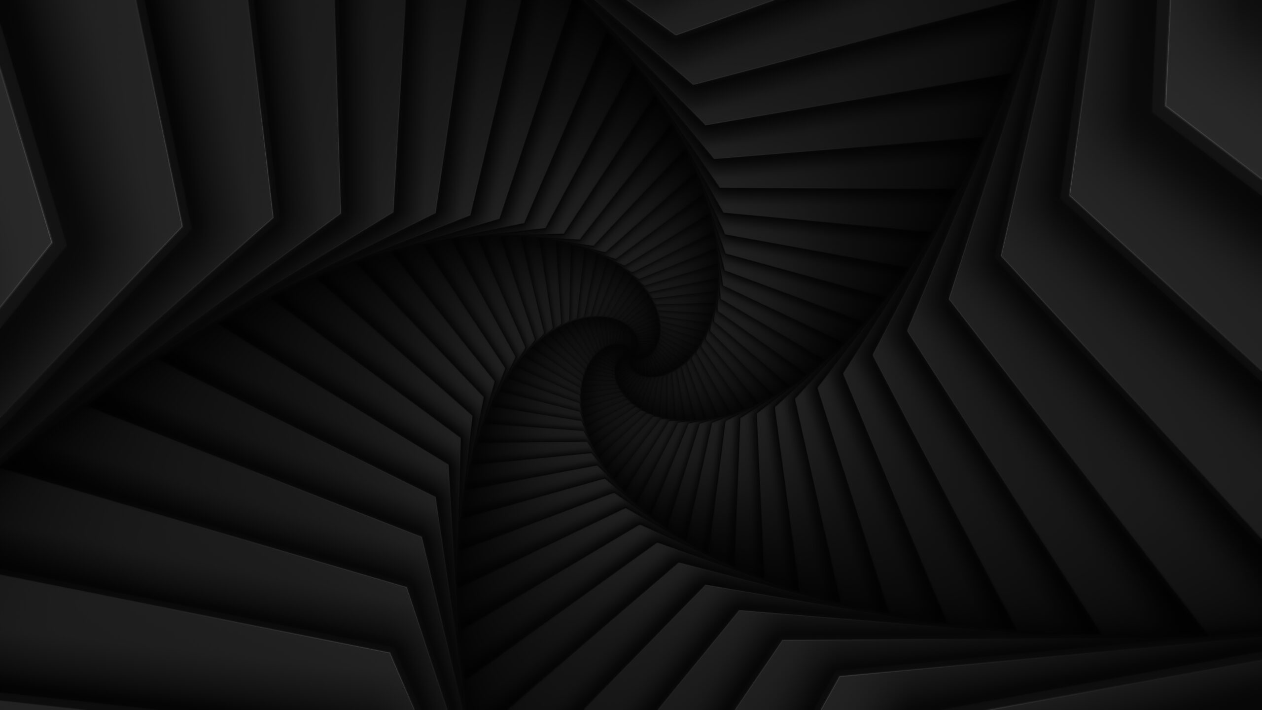 Abstract dark twisted tunnel constructed with star shape. Spiral corridor. Black smooth light structure. 3D render illustration.